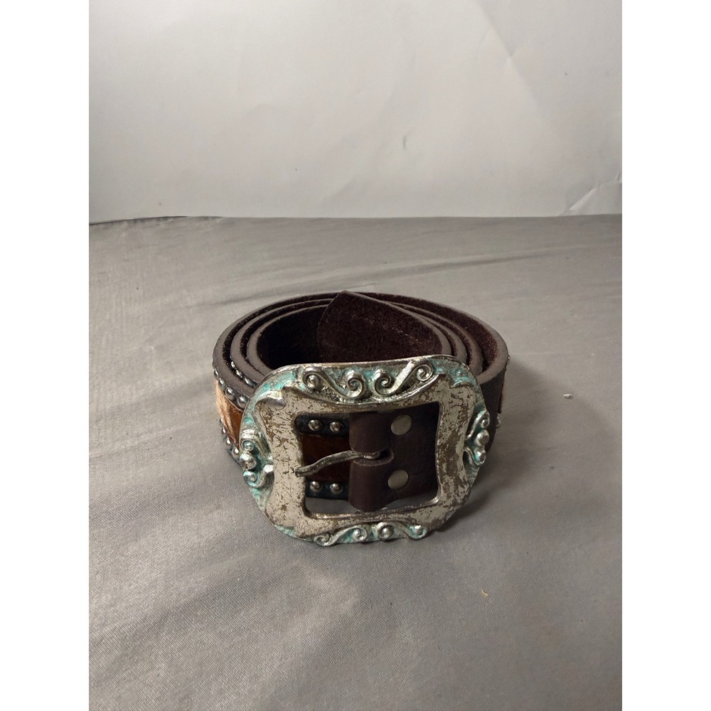 Leatherock Western Brown Leather Hair on Hide Studded Belt Turquoise Buckle